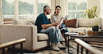 Finance, couple and happy with tablet in home for income mapping, monthly cash flow or paperwork. Marriage, mature people and talk with tech for financial summary, explain invoice and budget planning