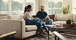 Finance, couple or talk with tablet in home for income mapping, utility bills or monthly cash flow. Marriage, mature people or happy with tech for financial summary, explain tax filing or budget plan