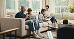 Relax, tablet and parents with children on sofa for bonding, connection and happy together on weekend. Family, love and kids with dad, mom and tech for watching videos, streaming and drawing in home