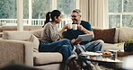 Couple, tablet and toast in home with coffee, bonding together or browsing website for digital news. Happy, married mature people and cheers on sofa with warm drink, calm morning or tech for internet