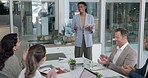 Presentation, clapping and businesswoman with tablet in office for planning revenue growth. Happy, technology and financial manager with advisors in meeting for training on stock market in workplace.