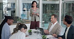 Presentation, tablet and business woman in meeting for feedback, finance review and kpi report. Workshop, startup and speaker with tech for online research, strategy and planning for collaboration