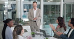 Smile, business people and meeting with applause for presentation, congratulations or good news. Celebration, team and excited in office with workshop for winning, support and speaker announcement