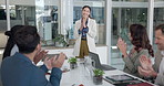 Celebration, business people and meeting with applause for presentation, congratulations or good news. Excited, team and smile in office with workshop for winning, support and speaker announcement
