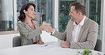 Happy people, handshake and deal with client in office, signature or agreement for financial growth. Mature man, smile and shaking hands with businesswoman, writing and investment contract in meeting
