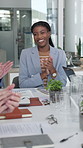 Business, applause and happy woman with team in office for project success or congratulations. Excited, female person or employee clapping with group in boardroom for promotion or pitch in workplace