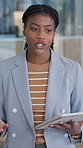 Business, woman and presenter in office with tablet, research and discussion for accounting. African person, presentation and speaker with digital, conversation and information for financial proposal