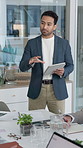Business, man and speaker in office with tablet, research and discussion for accounting. Person, presentation and team listening with digital, conversation and brainstorming for financial proposal