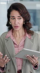 Business, woman and talking in office with tablet, research and discussion for accounting. Mature person, presentation and speaker with digital, conversation and information for financial proposal