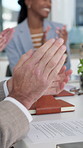 Business, hands or applause with team in office for project success, celebration or congratulations. Happy, people or employee clapping in boardroom for thank you, promotion or well done in workplace