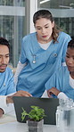 Clinic, medical and nurses with laptop for meeting, diagnostic review or case discussion on CT scan. Health team, people and tech for pathology report, patient care planning and test results on EHR
