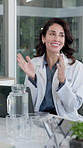 Doctor, applause and happy woman in office for meeting, congratulations or achievement together. Excited, female person or healthcare worker clapping with smile in team conference for medical success
