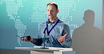 Businessman, speech and thank you with award on podium for nomination or announcement in ceremony. Happy man, speaker or pitch with reward or trophy for business success, achievement or milestone