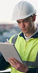 City, engineer and man with tablet, scroll and planning for property development or research on web. Outdoor, civil engineering and person with technology, project management and browsing with stylus