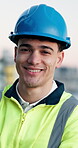 Face, worker and smile outdoor for construction, urban development and civil engineering expertise. Engineer, happy man and confidence for city expansion project, infrastructure professional or pride
