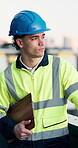 Clipboard, man or thinking on balcony for construction, architectural vision and urban development. Checklist, architect and reflection for city planning, infrastructure evaluation and building ideas