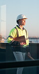 Clipboard, man or thinking on rooftop for construction, architectural vision or urban development. Checklist, architect or window reflection for city surveying, site assessment or building evaluation