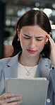 Tablet, stress and reading with business woman in office for final notice, bankruptcy and report. Account feedback, financial debt and person with digital tech in agency for audit penalty or bad news