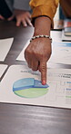 Meeting, hands and business people with graph, paperwork and sale report for financial review. Team, office and workers with documents for budget planning, research and revenue for company growth