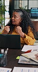 Meeting, team and business woman on laptop for creative project, brand campaign and planning. Office, manager and people with paperwork, research and strategy for digital marketing, report or agenda