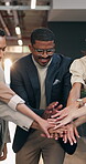 Business people, hand stack or support in office, motivation or mission with unity for project goals. Group, team and together with pile for professional collaboration, solidarity and trust at work