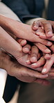 People, solidarity and hand stack with team in business, motivation or collaboration for achievement. Office, synergy and partnership with colleagues, clapping and celebration together for success