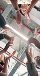 Business people, applause and below huddle in office, motivation or mission with cheering. Group, team and hands clapping for professional collaboration, solidarity and happy with praise in workplace