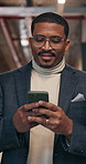 Businessman, walk and typing in office with phone, check meeting schedule or review email in morning. Person, browsing and reading in workplace with tech, online calendar and text message for job.