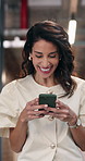Woman, laugh and walk in office with phone, check social media app or reading funny email in morning. Happy, mature person and typing in business with tech, online meme and text message notification.