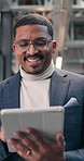 Businessman, walk and smile in office with tablet, check online calendar or reading email in morning. Low angle, happy person and typing in hallway with tech, review schedule and agenda for work day.