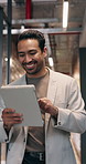 Happy, man and walk in office with tablet, email notification and approval for AI marketing project. Person, smile and typing in business with tech, good news and innovation for digital advertising.