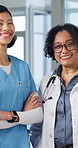 Team, face and women with arms crossed, healthcare and pride for medical career growth and wellness. Doctor, flare and laughing with nurse, happy people and confident for health service in hospital