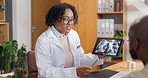 Medical, tablet screen or people with x ray, chest mri result or discussion in hospital evaluation. Healthcare, patient or radiologist with tech, diagnostic feedback or lung scan for treatment plan.