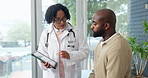 Medical, consultation or people in clinic with tablet, care plan or advice on treatment option. Health, patient or doctor with technology, diagnosis feedback or records discussion in hospital checkup