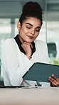 Thinking, happy or realtor in office with tablet, contract insight or solution on asset investment. Reflection, broker and woman with tech, mortgage planning and seller decision on property valuation