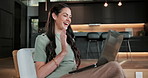 Woman, wave and video call in home with laptop, remote work and online communication for PR career. Happy, person and freelancer greeting with computer, public relations and virtual meeting in house.