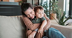 Love, mother and toddler on sofa with hug, parent security and bonding together on weekend break. Safety, mom and child in house with day off, connection and family embrace in happy relationship.