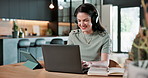 Woman, remote work and headphones at house with laptop, review draft and podcast for proofreading. Smile, freelancer or streaming music in home with pc, copywriting report and editing for publication
