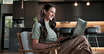 Remote work, smile and woman with laptop in house, typing and research for story development on web. Creative, freelancer and happy person with technology, writer and editing ebook draft in home