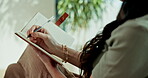 Woman, writing and hands with journal in house, creative and planning for goals with info and ideas. Journaling, notes and person with notebook, brainstorming and schedule agenda with diary in home