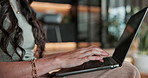 Woman, hands and remote work in house with laptop, editing PR statement and business communication. Freelancer, person and typing in home with computer, public relations job and online PR report.