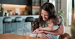 Happy, mother and hug child in home with connection, bonding together or early childhood development. Woman, smile and embrace son in apartment with love, wellness and parent support kid for growth.