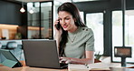 Laptop, phone call and woman in home office for freelance, communication or contact for marketing. Talking, remote work and happy person with tech for campaign performance, ad spend and typing email