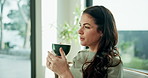 Thinking, woman and relax at house with coffee, new day and daydreaming in lounge for peace. Serious, person and vision in home with warm beverage, reflection and remember  memory for weekend unwind