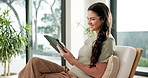 Ebook, relax or woman in lounge with tablet, calm activity or browse on storytelling platform. Happy, chill and person in house with technology, literature app or portable reading in peaceful hobby.
