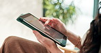 Woman, hands and typing in living room with tablet, search online article and relax on weekend break. Bokeh, person and scroll in home with tech, digital app and browsing blog for breaking news.