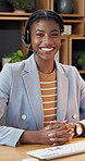 Telemarketing, face and black woman in office with computer, typing report or insurance sales agent. Happy, person and consultant in call center with desktop, lead generation skills and about us.