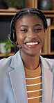 Happy, face and black woman in office for telemarketing, pride or confident insurance sales agent. Businessperson, smile and consultant in call center with headset, lead generation skills or about us