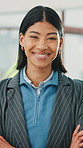 Construction, face or architect with arms crossed, site planner or about us in renovation industry. Confidence, happy or woman with laugh, engineer profession or career pride in building remodeling.