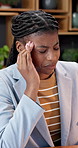 Black woman, stress and headache in office with fatigue, audit deadline or issue with report. Exhausted, African person and strain in business with burnout, tension or pain for accounting job